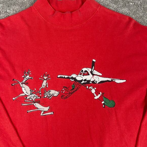 Vintage Christmas Mock Neck Shirt Size L Santa Reindeer Airplane Ugly Sweater - Picture 2 of 4